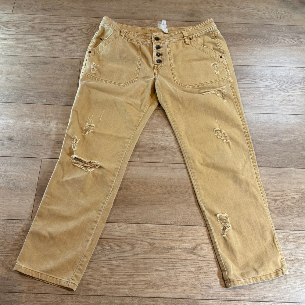 Free People Distressed Utility Jeans Mustard Tan Button Fly Straight Leg Size 4
